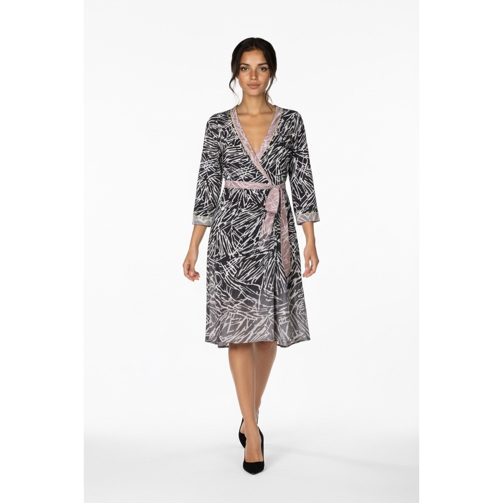 BCBGMAXAZRIA Women XS Abstract Print Wrap Dress 3/4 Sleeve V-Neck Knee Length